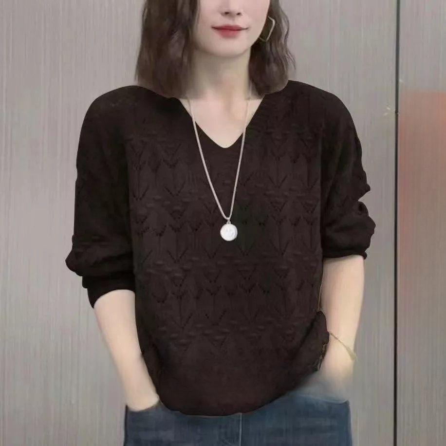 Autumn Women's Fashion Western Style Collar Hollow and Thin Temperament Blouse Sweater All-match Long-sleeved