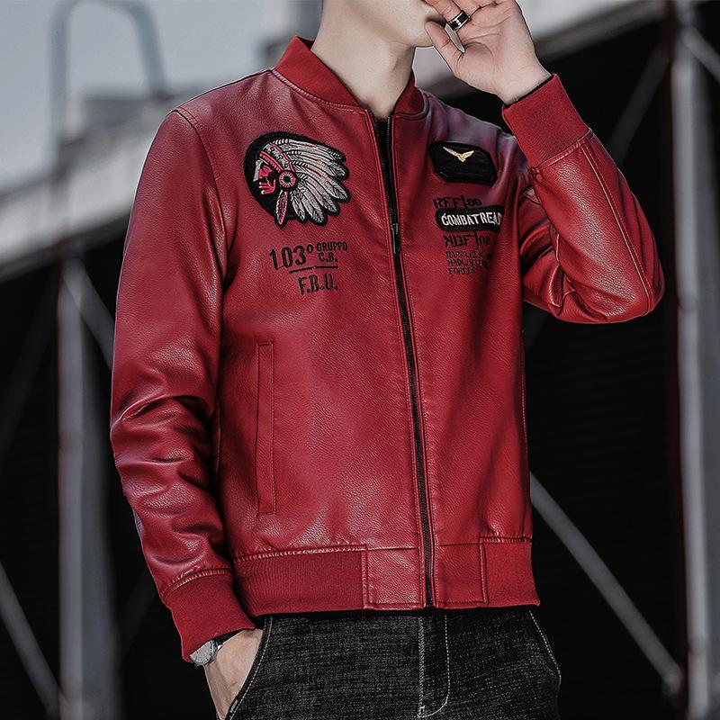 Men's Pu Leather Jacket Baseball Collar Embroidered Motorcycle Jacket Autumn and Winter Casual Trendy Leather Jacket for Men