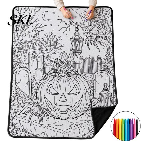 Kreativní sady pro relaxaci Halloween DIY deka na vybarvování se 24 fixami, Vybarvěte si vlastní přehoz, Přizpůsobitelná dekorace na postel, Deka,