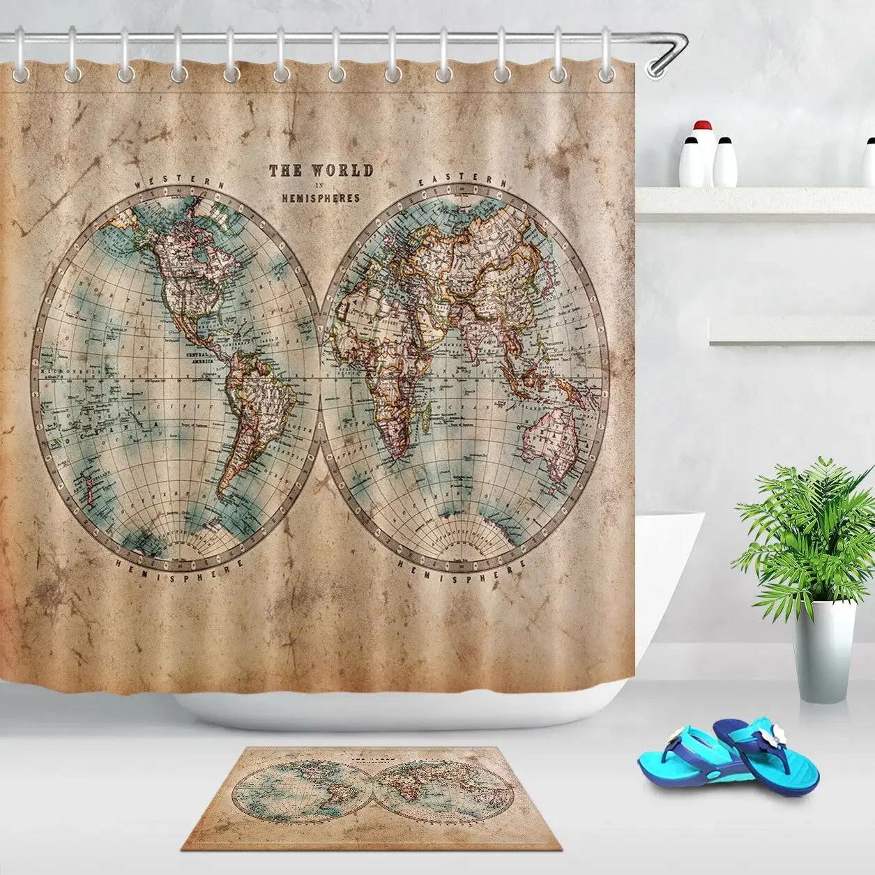 Pandara Jewelry Vintage Old World Map Fabric Shower Curtain Hooks Waterproof Bathroom Accessory