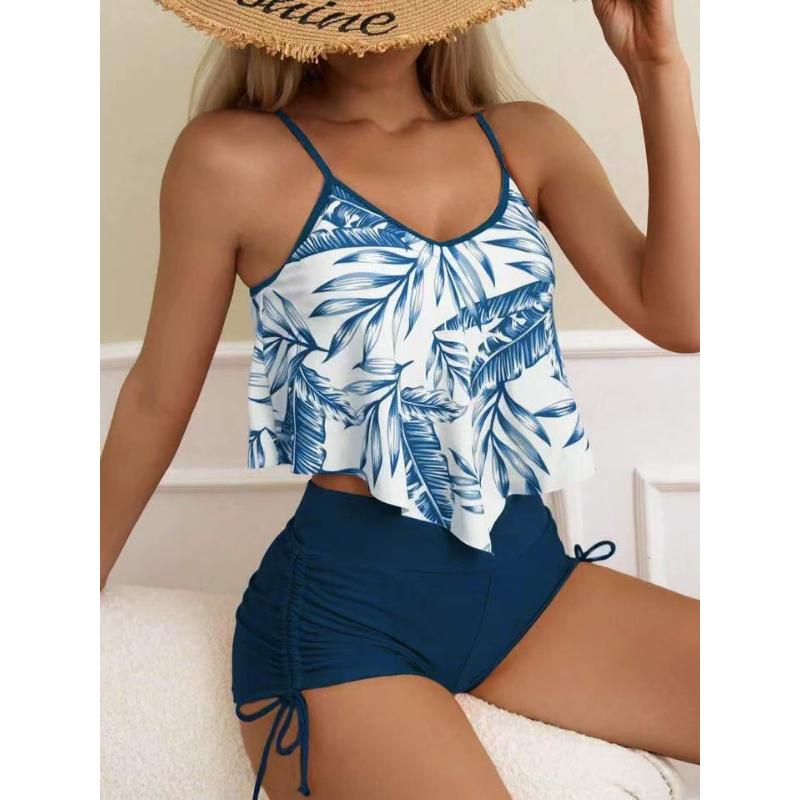 Costum de baie sexy cu talie înaltă, bikini din două piese, costum de baie cu imprimeu frunze, cu bretele strânse, îmbrăcăminte de plajă, costum de baie de vară pentru femei, de mare
