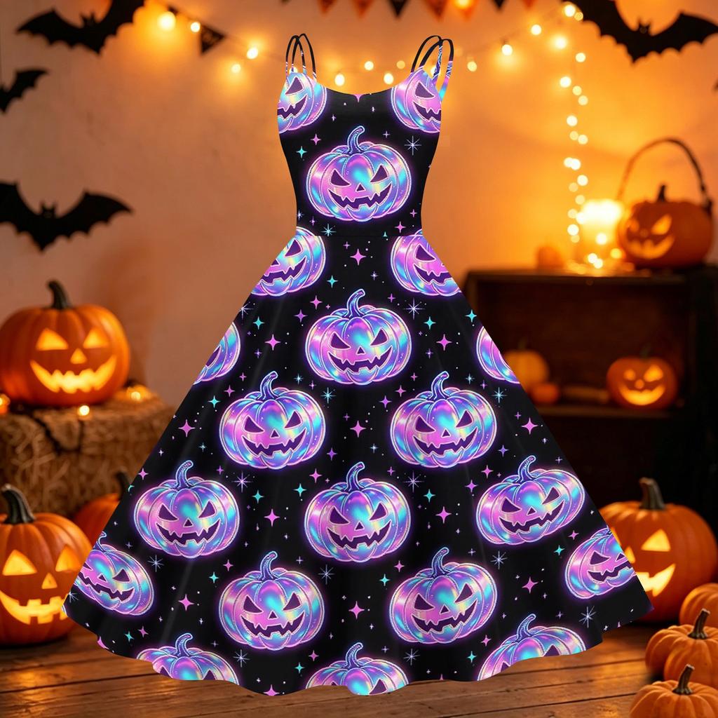 Womens Halloween Print Off Shoulder Punk Vintage Dress Sleeveless Spaghetti Strap Retro Style Midi Dress