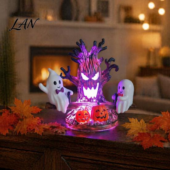 Fun Halloween Seesaw Ghost Table Lamp Animated Light, USB Powered 3D Night Cute LED Portable Light with Spooky Tree And Pumpkin Design, Decor