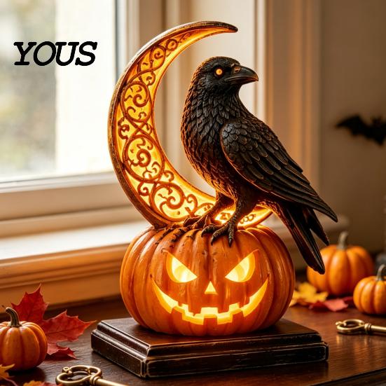 Dark Fantasy Room Accents Halloween Pumpkin Resin Lamp, Gothic Glowing Tabletop Decor for Home, Ornaments Spooky Dragon Ghost Black Cat Ornament,