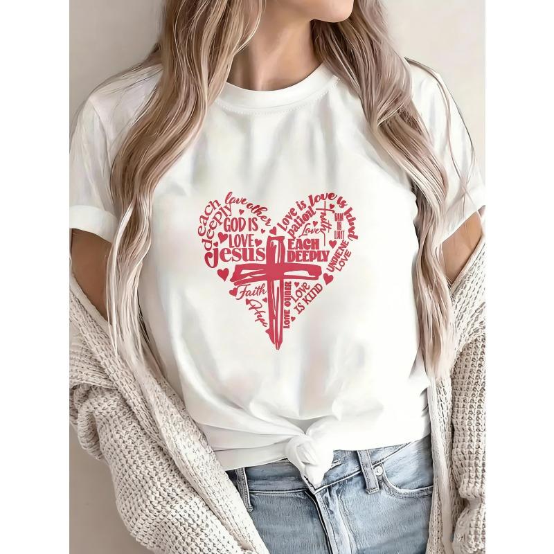 Women Casual T-Shirt White Heart Cross Faith Jesus Love God Religious Christian Design For Daily Wear Church Outfits