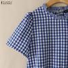 ZANZEA Women Casual Round Neck Plaid Print Loose Short Sleeve Blouse