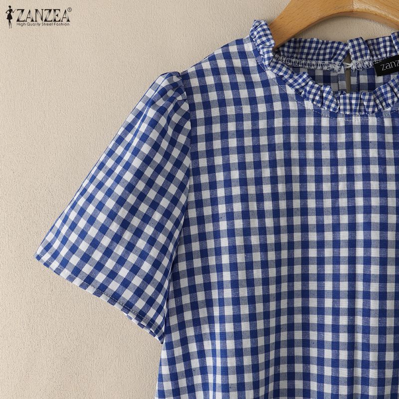 ZANZEA Women Casual Round Neck Plaid Print Loose Short Sleeve Blouse