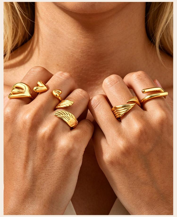 Chunky Open Adjustable Rings for Women, Heart Wing Statement Ring, Stainless Steel 18K Gold Plated, Tarnish Free Jewelry