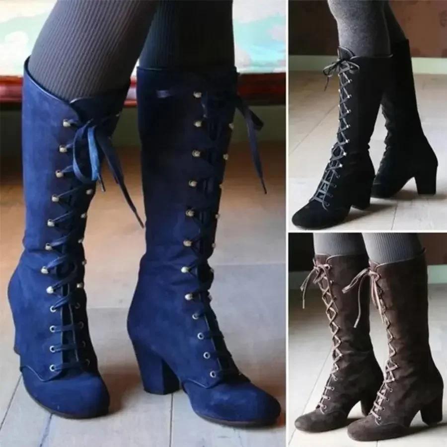 2026 Winter Damen Stiefel Schuhe Mode Vintage Schnürstiefel Damen Rund Cowboy Hohe Absätze Stiefeletten Schuhe Frau Botas Mujer A031