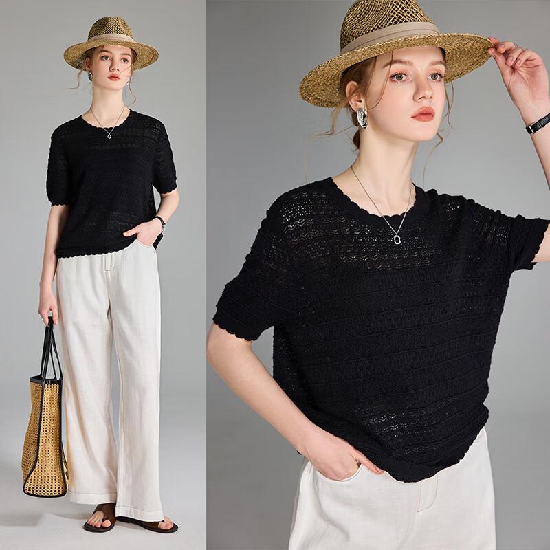 Wudao Women s Lightweight Silk Wool Blend Jacquard Openwork Knit T-Shirt M