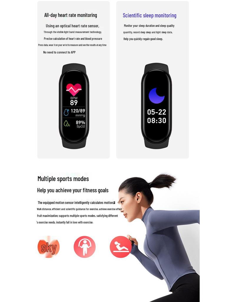 M8 Smart Bracelet: Sport Pedometer, Heart Rate, Blood Pressure & Oxygen Monitor with Bluetooth Connectivity