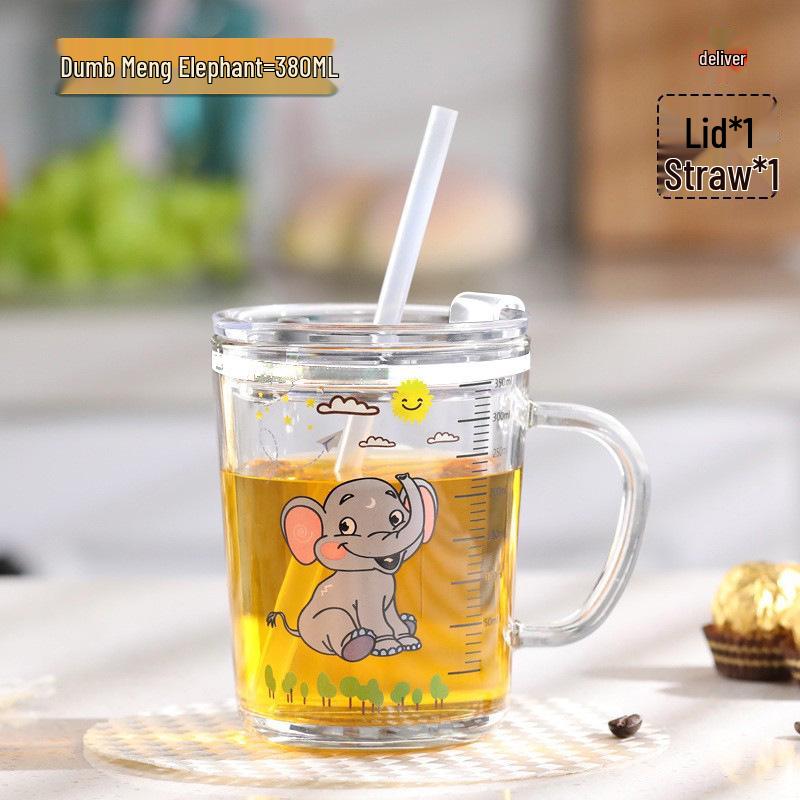 Cartoon Handle Straw Cup: Heat-Resistant Glass with Printed Logo and Measurement Scale, Perfect for Milk and Breakfast