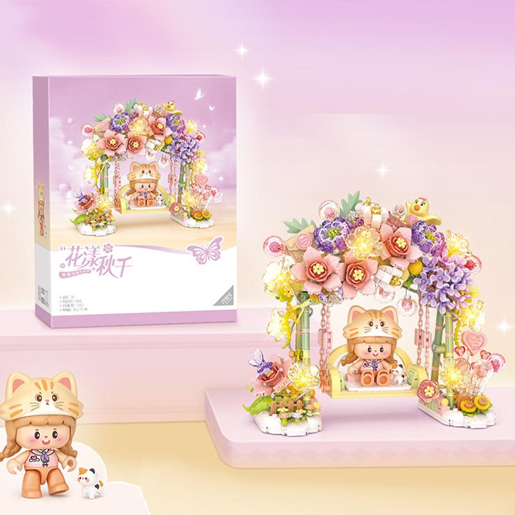 Romantic Flower Swing Building Block With Lights Creative DIY Simulation Architecture Building Bricks Toy Gifts For Kids