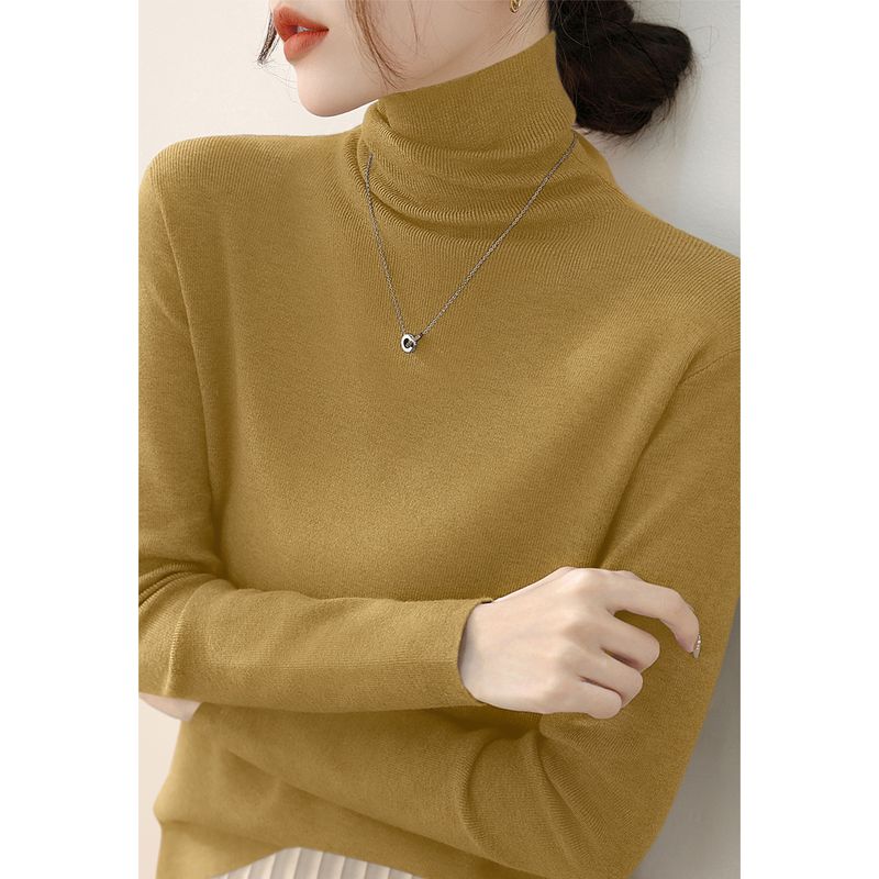 High-Grade Slim fit Pullover Pea Green Inner wear Base Women clothes Simple Pile Collar Spring Long sleeve Knit Top