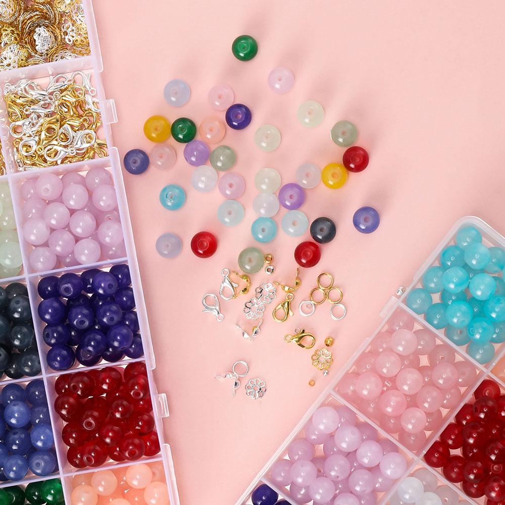 450-1300pcs 8mm Imitation Jade Glass Beads with Lobster Clasp Beads Caps Metal Jewelry Findings Kits for DIY Bracelet Necklace