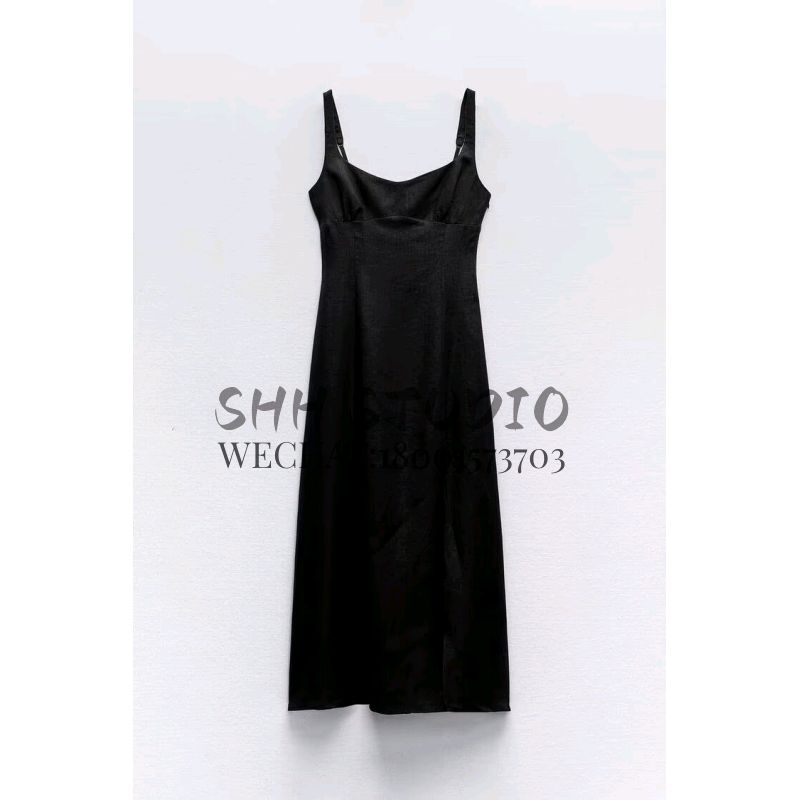 Spring New Temperament Sexy round Neck Open Back Bottom Slit Linen Blended Shoulder Strap Length Dress 3314354