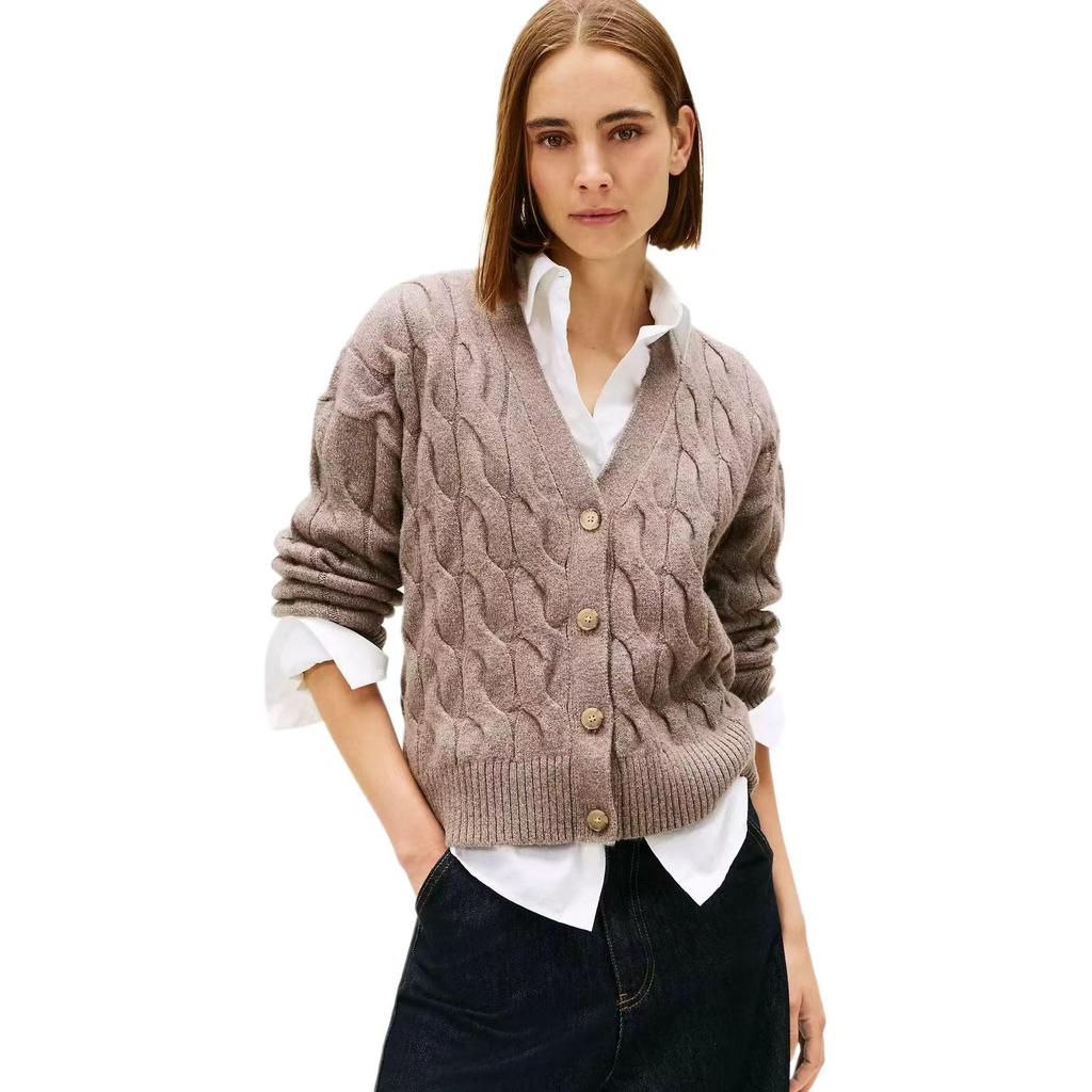 Tommy Hilfiger Classic V-Neck Cable Knit Casual Commuter Fashion Loose Sweater Women sweater Light-Brown XW05955-201/GU4