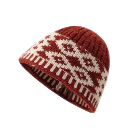 Women Retro Knitted Hat Winter Warm Rhombus Pattern Hat Big Head Sized No Brim Hat for Daily Outings Parties Dating