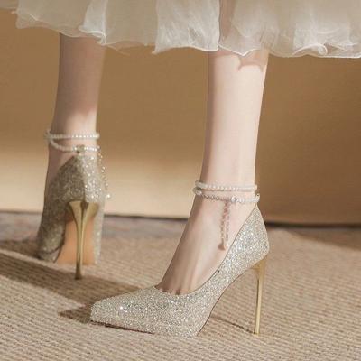 New Women's Shoes Waterproof Table Wedding Dress Crystal Sequins Bar Mitzvah Pearl Chain Women's High Heels
