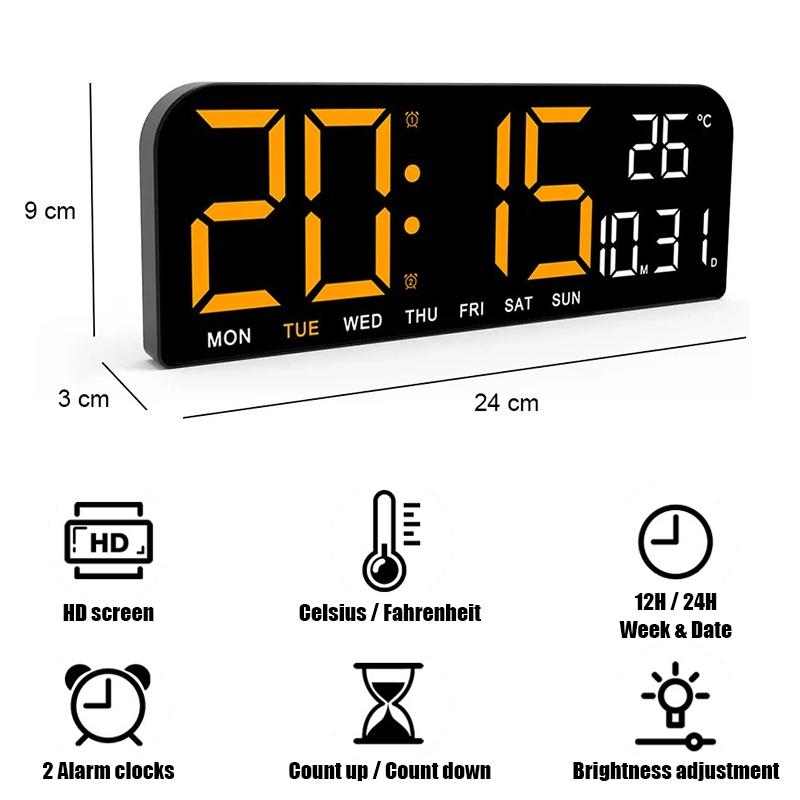 9 Inch Large Digital Wall Clock Temperature and Date Week Display Night Mode 12/24H Table Alarm Clock Electronic LED Clock