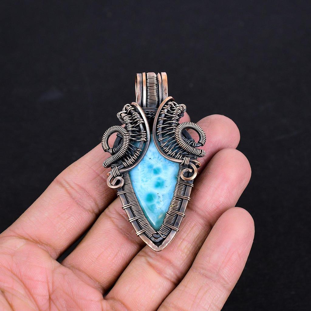 Larimar Pendant Gemstone Jewelry, 999 Copper Wire Wrapped Pendant, Handmade Jewelry Birthstone Pendant, Gift For Him
