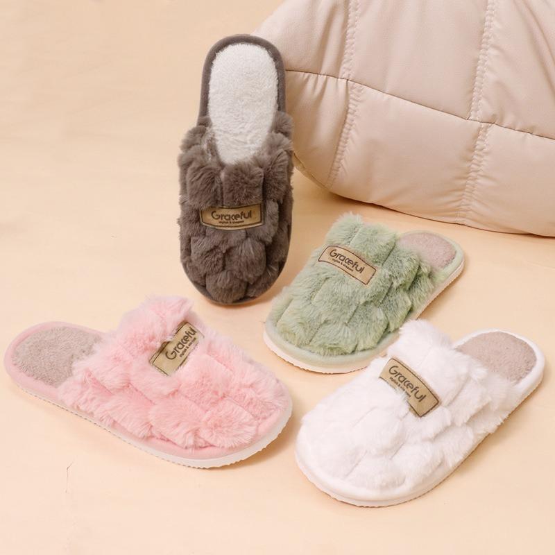 New hexagonal leather standard fluffy slippers for home use with thick bottom warm and non-slip cotton mop thickened and velvet