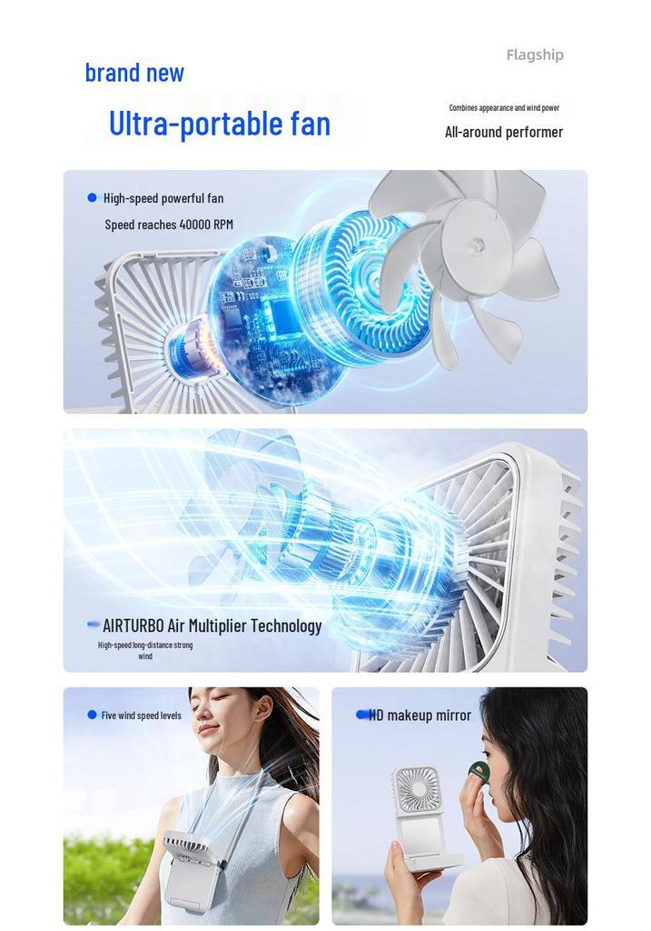 Portable Dual-Use Mini Folding Fan: USB Rechargeable, Handheld, Desktop, Neck Hanging, Travel & Office