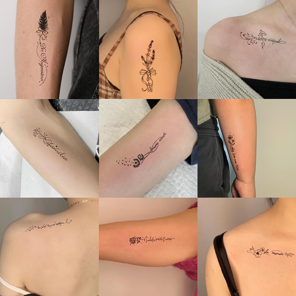 10pcs Women's Girl Text Flower Temporary Tattoos German Tattoo Realistic Line Art Waterproof Minimalist Fake Tattoos