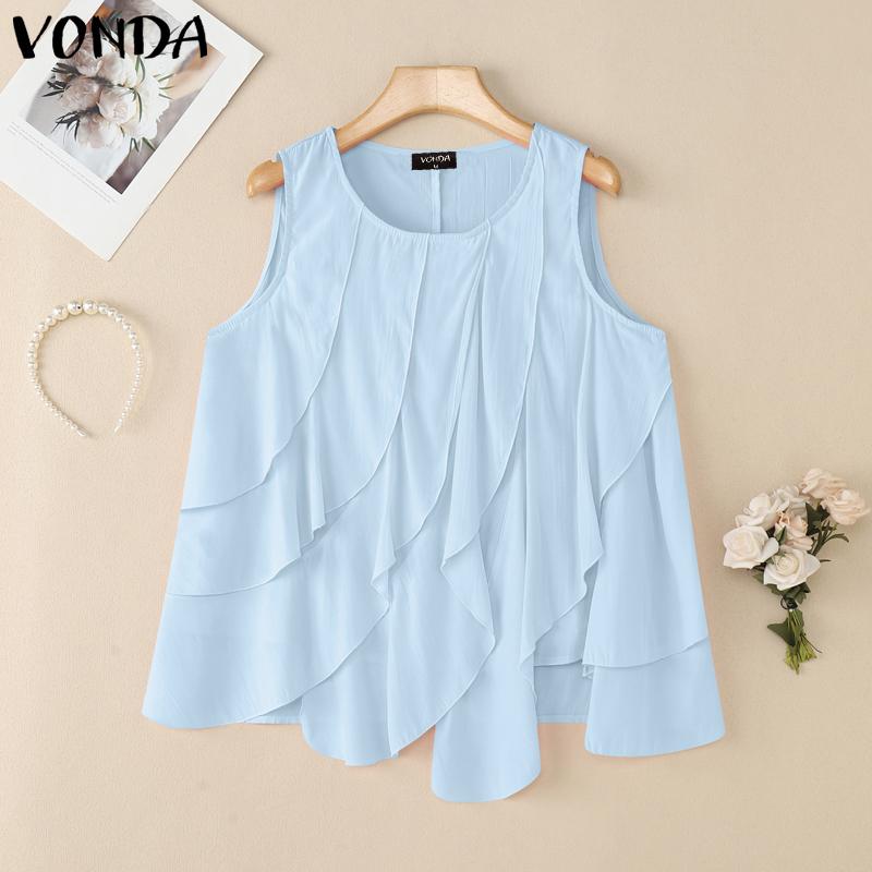 

VONDA Summer Women O Neck Sleeveless Layers Pleated Casual Tank Tops 5XL синий