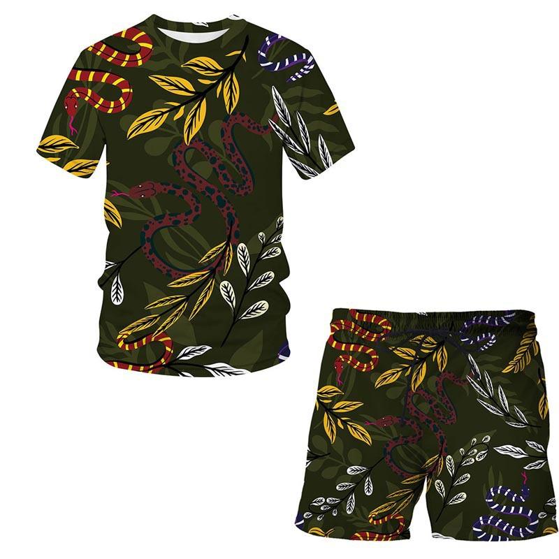 European and American Amazon Summer New Colorful Patterned 3D Print T-shirt Men's Casual Short Sleeve Shorts Short Sleeve Set