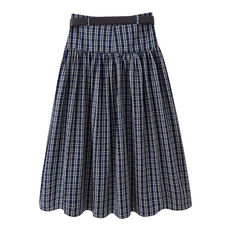 European American Fashion Plaid Midi Skirt with Versatile Belt