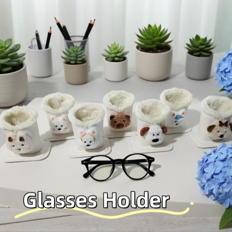 1 étui à lunettes doublé en peluche - Cuir synthétique animal mignon, protège les lunettes/stylos, idéal pour le bureau, la table de chevet et la maison de poupée