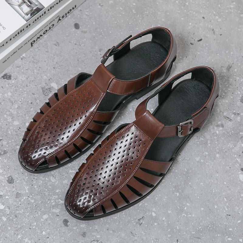 Fashion Summer Men Casual Leather Flat Designer Sandals Hollow Out Breathable Walking Shoes Fashion Comfy Outdoor Antiskid Office Shoes