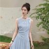 Women's French Blue Elegant Summer Long Dress with Slimming Waist Design