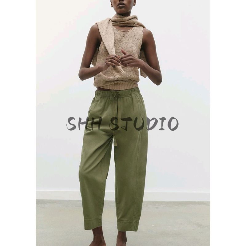 Spring and Summer New Women's Clothing Straight-leg Pocket Decoration Elastic Waist Cotton Plaid High Waist Pants 8372049