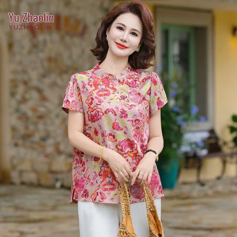 YUZHAOLIN Women s Jacquard Qipao Style Short-Sleeve Top 5XL