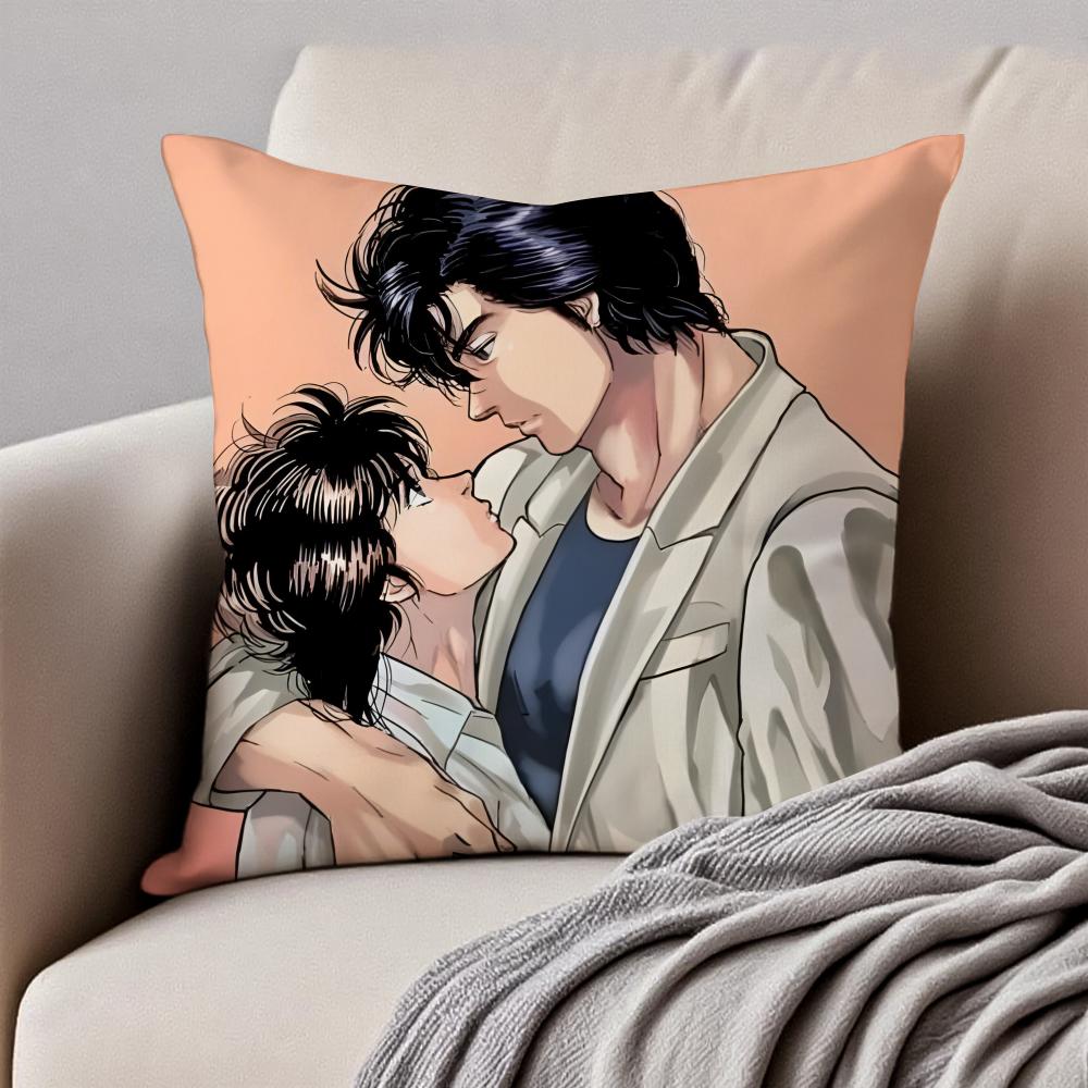 Japanese Manga CCity Hunter Cushion Cover Pillowcase Antidustmite Invisible Zipper Short Plush Sofa Cushion