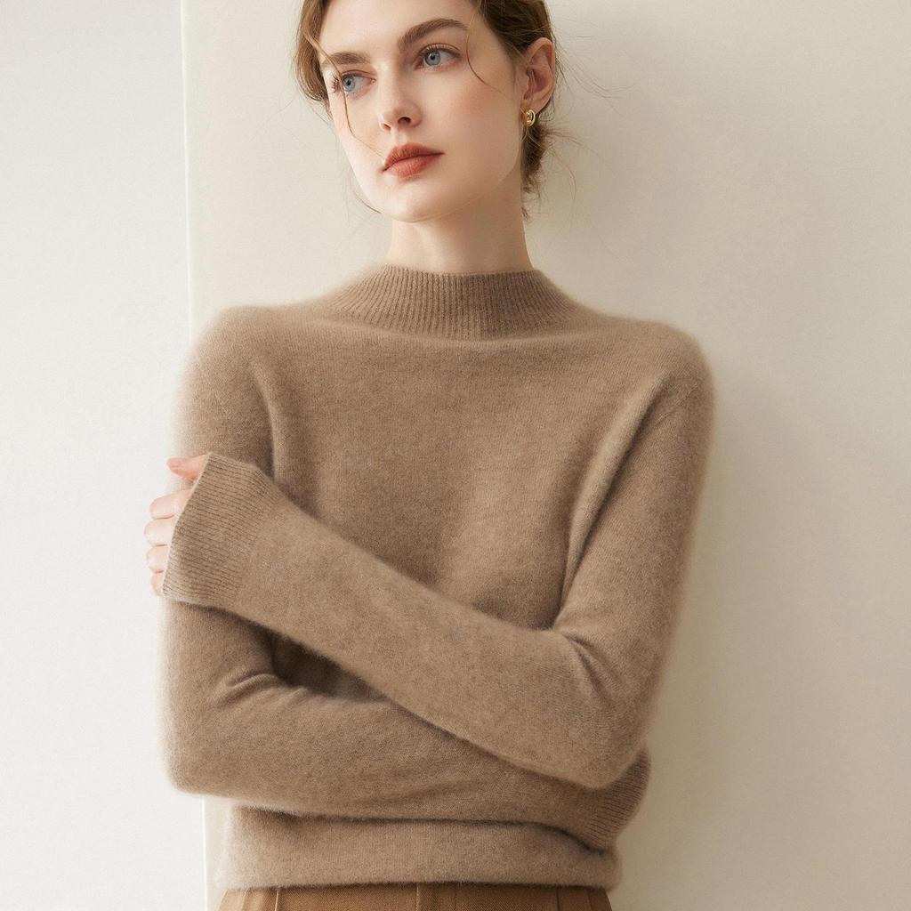Women's Pure Cashmere Pullover - Half-High Collar, Loose Fit, Warm Autumn/Winter Knit Sweater.