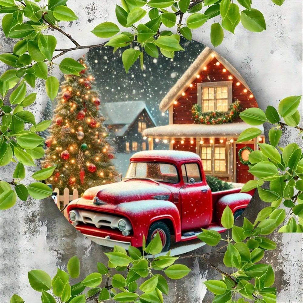 Charming Round Iron Wall Art Snowy Red Truck Christmas Wreath Home Garden Gift