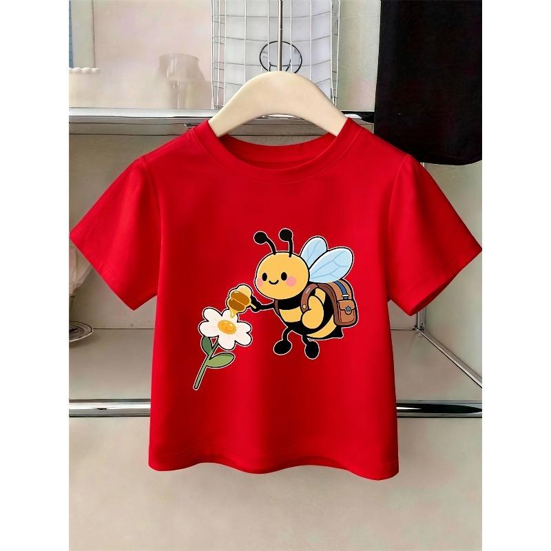 European sizes Cartoon-style Cute Little Bee Collecting Honey" Letter/cartoon Print, Girls' Short-sleeve T-shirt, Suitable for Summer Wear