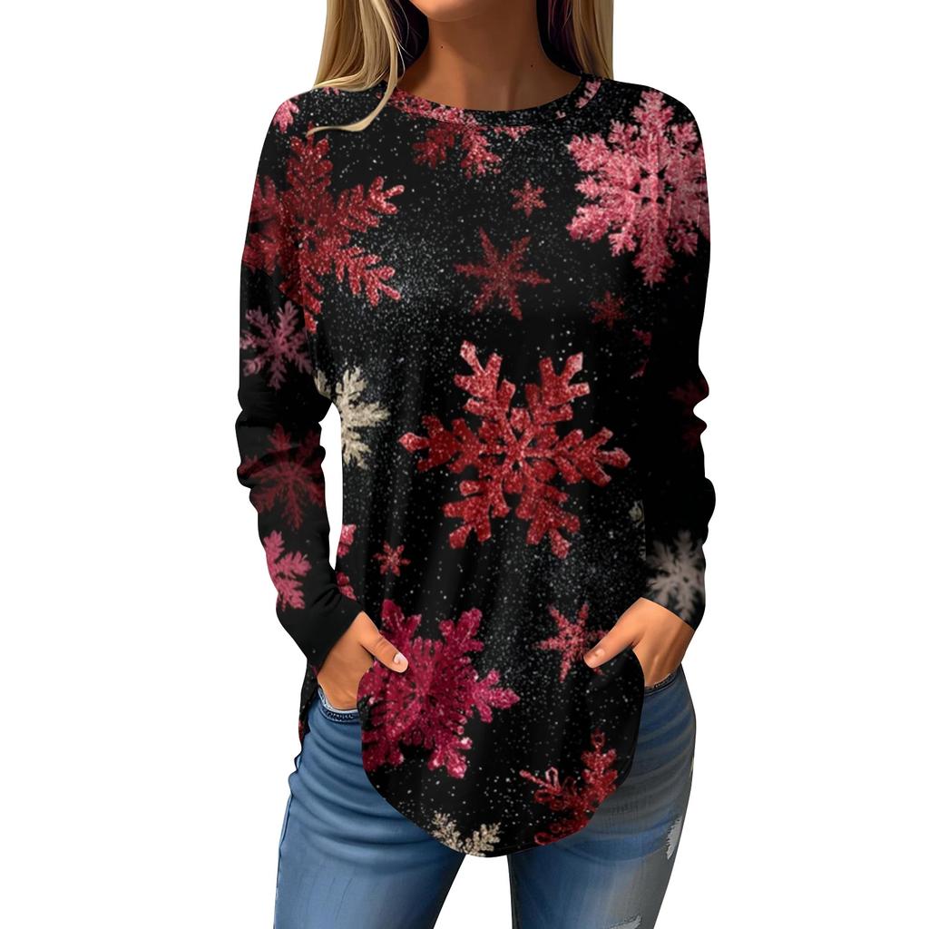 Tee Shirts For Women Casual Round Neck Long Sleeve Shirts Christmas Printing Top Pullover