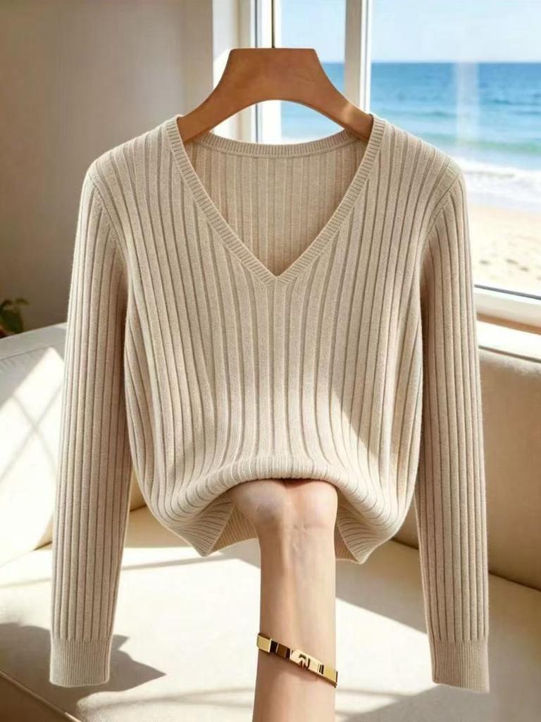 2026 Women's V-Neck Sweater: New Autumn/Winter Knitwear, Solid Color, Long Sleeve, European American Style