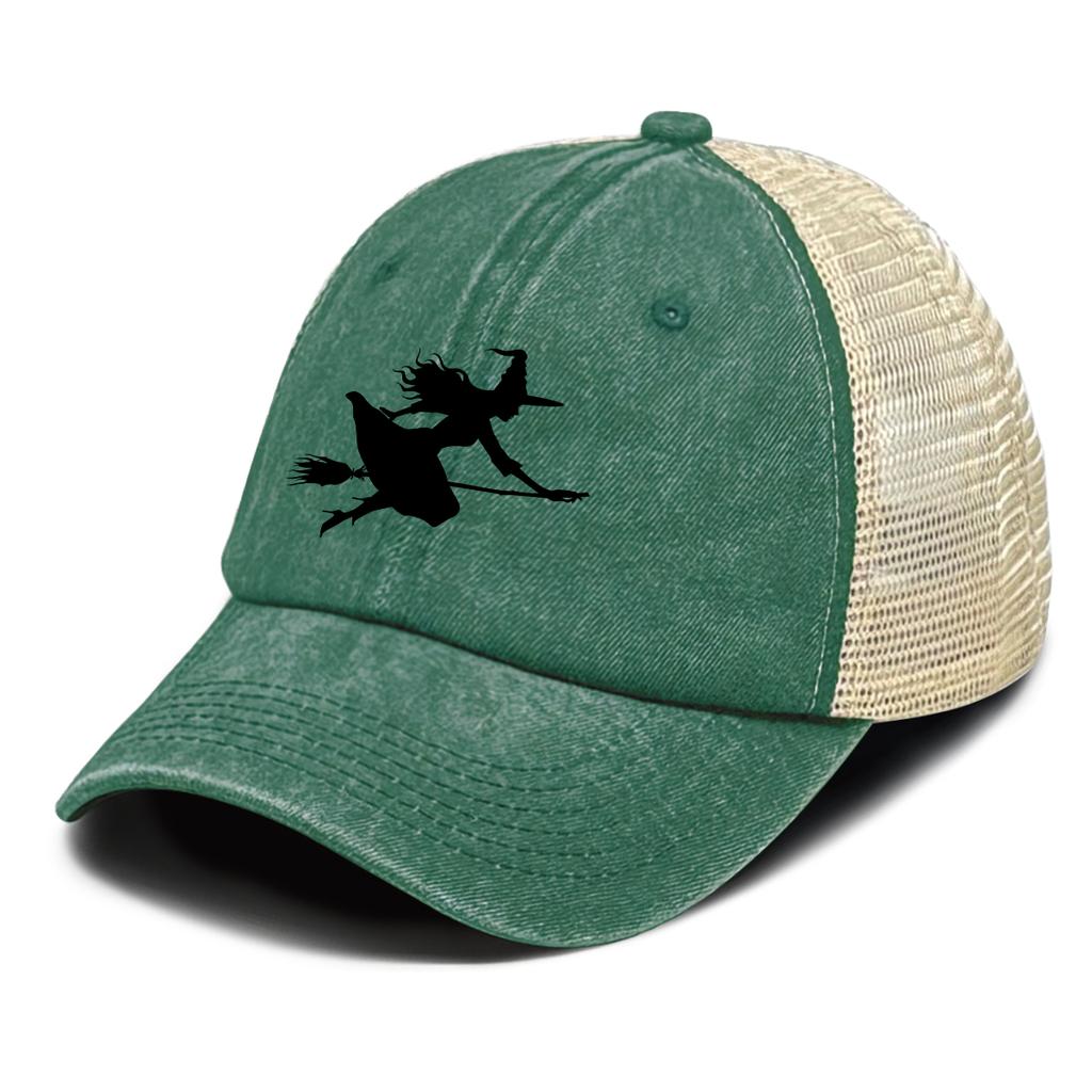 Black Witch Broom Printed Mesh Cap Adjustable Lightweight Baseball Cap Stylish Casual Hat For Unisex Women Hiking Tennis Daily
