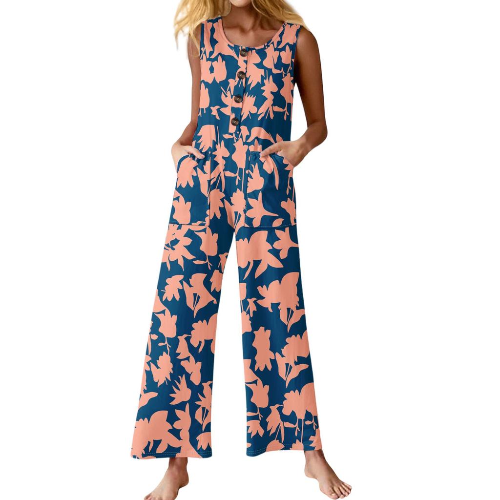 Women's Fashion Casual Button Sleeveless Jumpsuit Floral Flower Print Cotton Pocket Jumpsuit