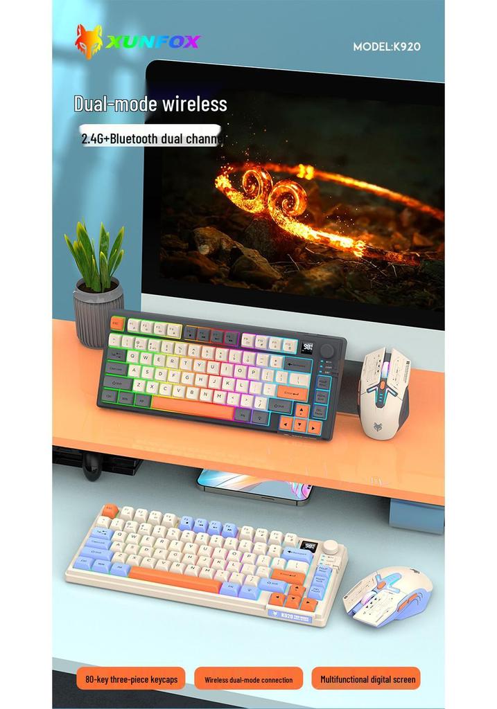 Dazzling Silver Fox K920 Wireless Bluetooth Keyboard & Mouse Set with Color-blocking, Luminous Design & Knob Display for Gaming & Office.