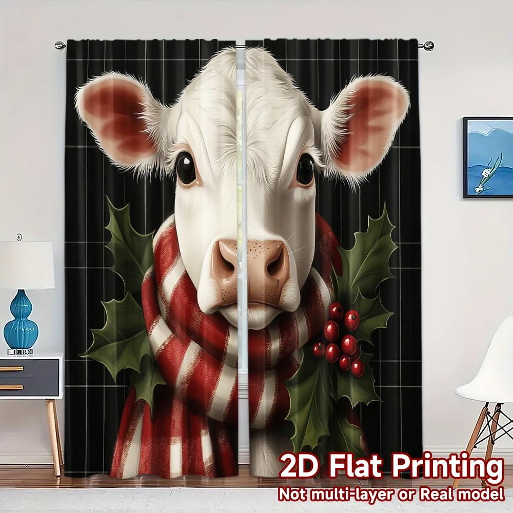 

2pcs,Curtains Christmas Cow Holly Scarf Modern Modern Curtain 100% Polyester Curtains Decorations For Home Perfect for 52.50×116.00 CM 2pcs