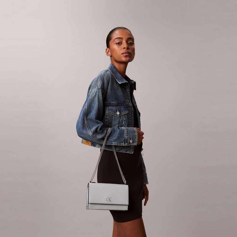 Calvin Klein Minimalist Metal Buckle Chain Flap Crossbody Bag Women Shoulder Bag Gray Blue DH2806-PC6
