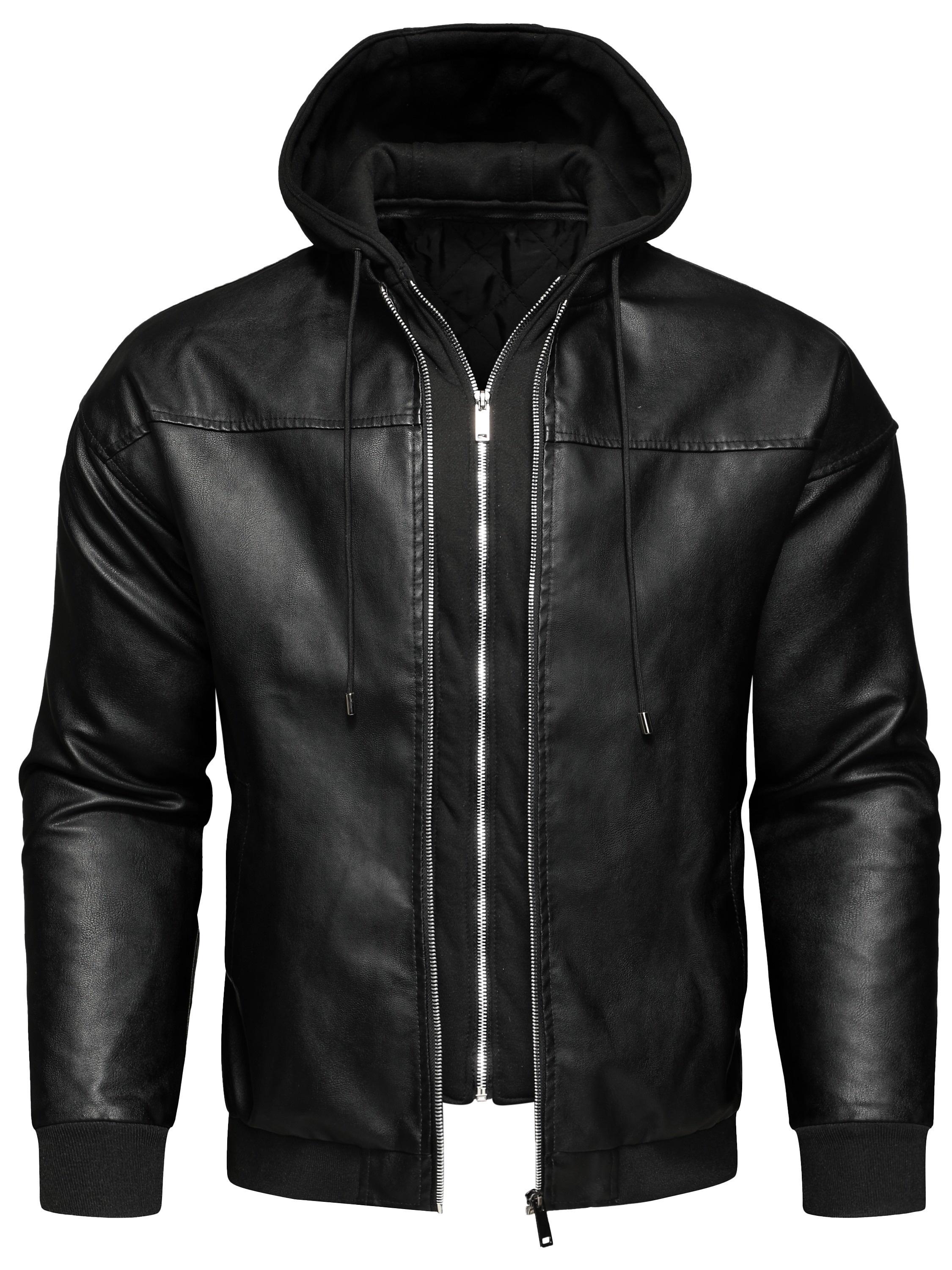 

Мужская однотонная куртка из искусственной кожи с капюшоном(отрывной) Куртка - Стильная куртка для езды на мотоцикле - Прочная искусственная кожа - Для мужчин XL