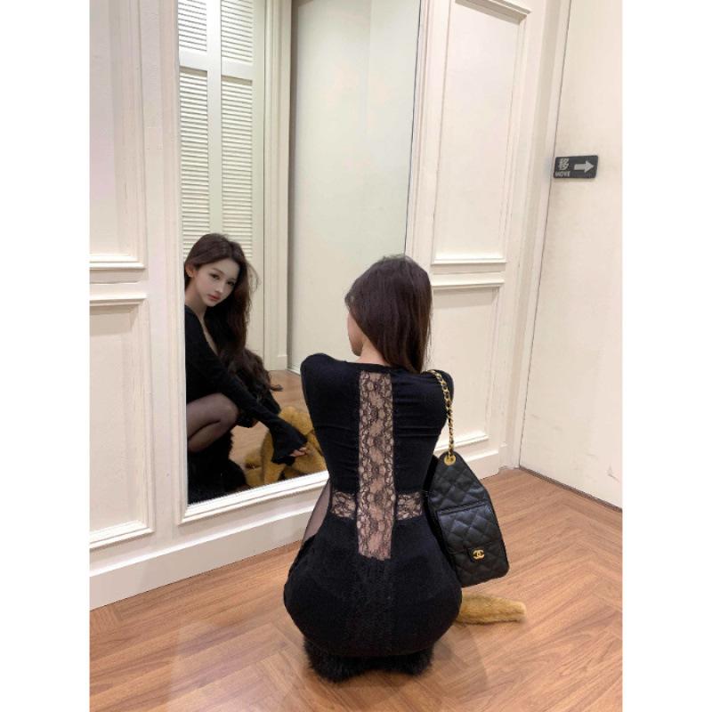 

Black lace splicing sexy v-neck long-sleeved dress women s autumn and winter slim skirt pure waist and hip skirt S