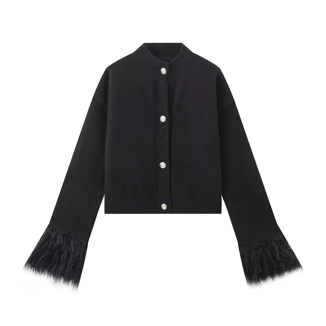 

Talenza Женский повседневный вязаный кардиган с круглым вырезом, осенняя мода, однобортный свитер с длинными рукавами, красный пуховик с перьями S чёрный